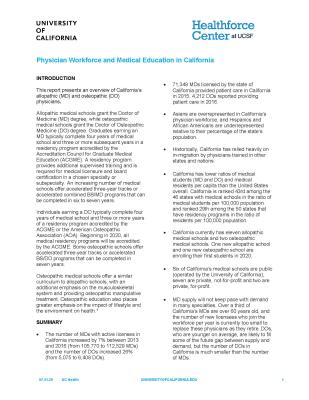 Physician Workforce and Medical Education in California Report
